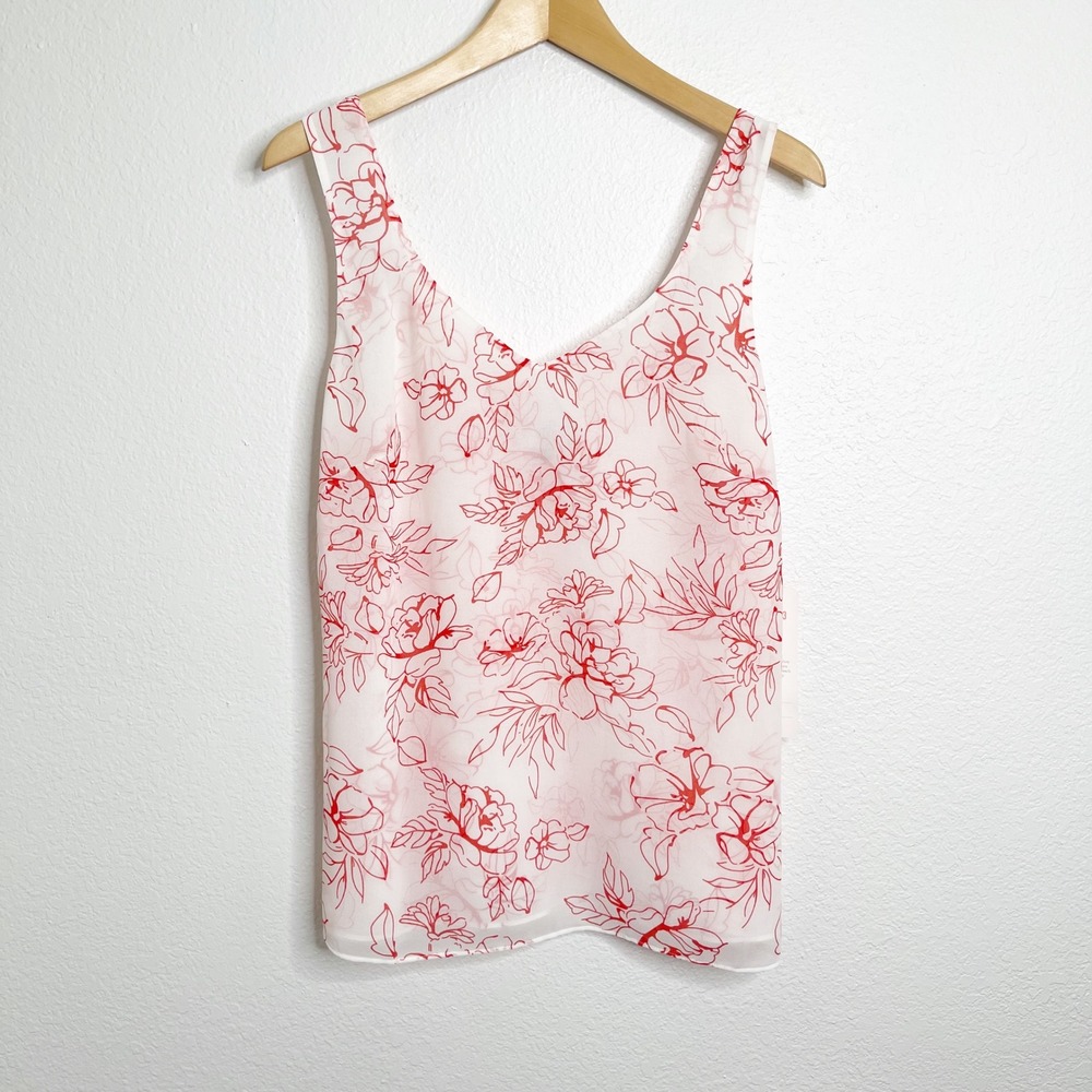 Cabi Stencil Top 6325 Womens Medium Red White Floral V-Neck Sleeveless Blouse